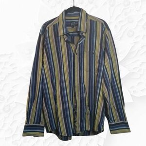 Cotton Reel Blue & Green Striped Collared Button Up Long Sleeve
